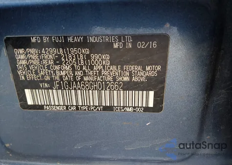 2016 Subaru Impreza 2.0I из США, поврежденный, VIN JF1GJAA68GH012662